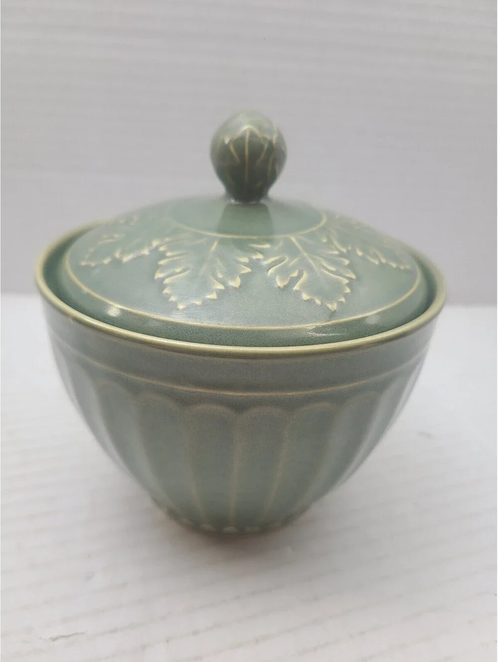 Coventry Parthenon Sage Green Stoneware Vintage Sugar Bowl w/ Lid Greek Revival